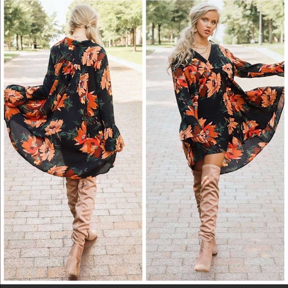Umgee Boho Black Long Sleeve Floral Sheer Dress